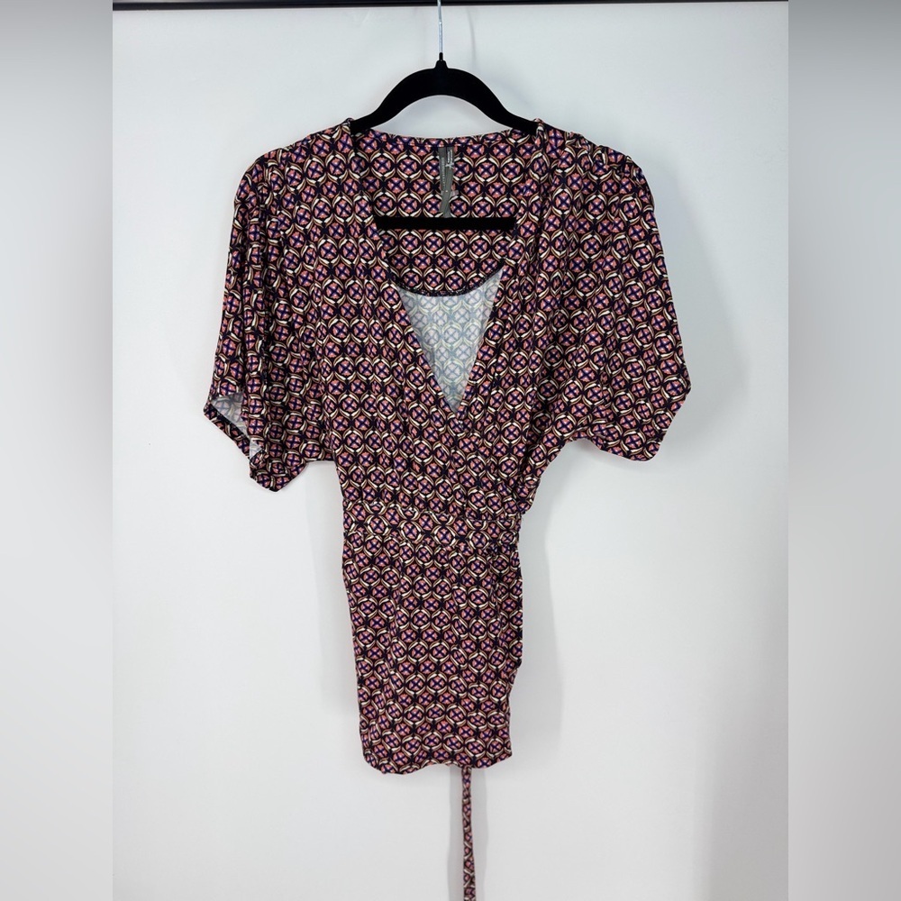 Anthropologie Wrap Mid Century Boho Short Sleeve Full Length V-Neck Blouse